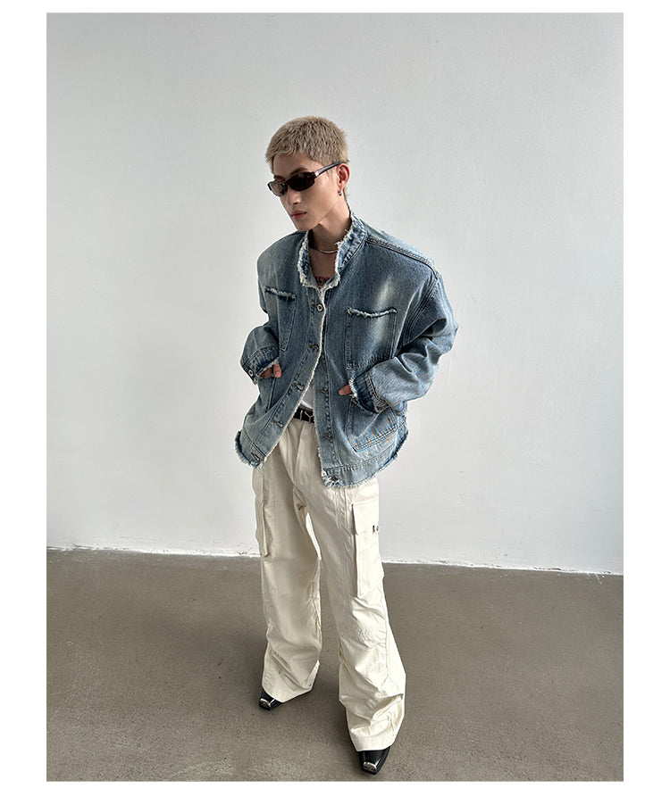 Damaged Design Feeling Rough Edge Washed Stand Collar Padded Shoulder Denim Jacket