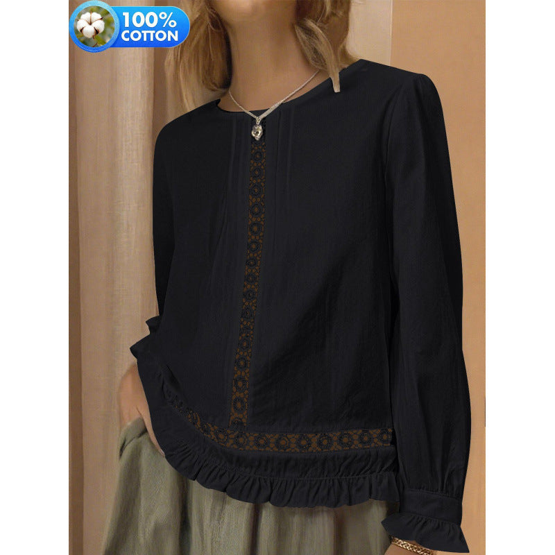 Casual Versatile Solid-color Top New Womens Long-sleeve Loose-fit Shirt