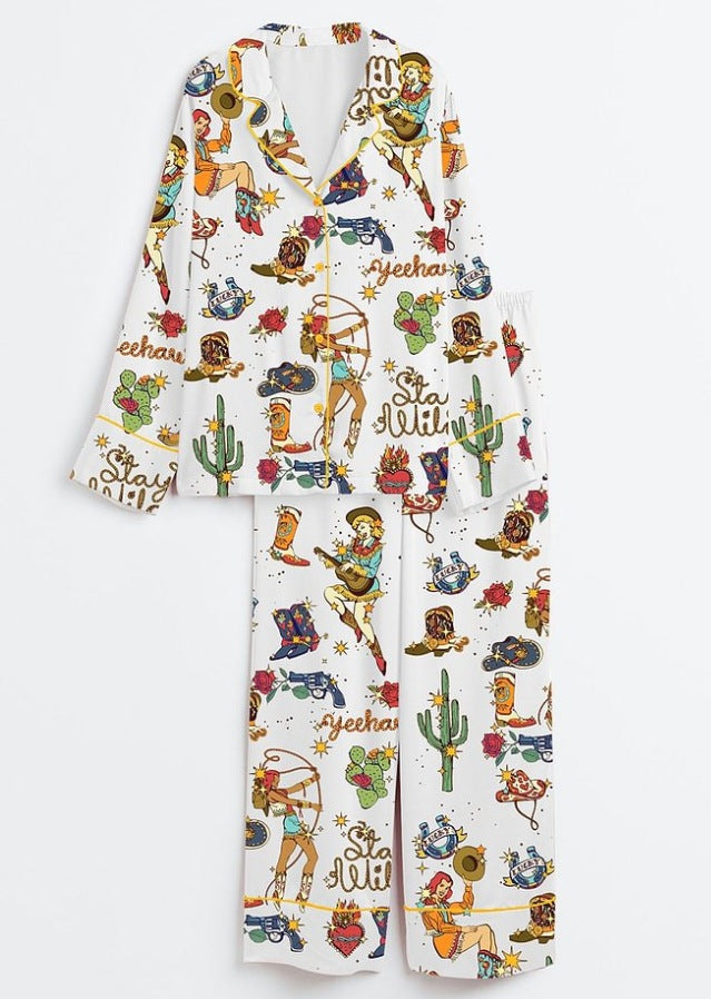 Fashionable Long-sleeve Printed Lapel Loungewear Pajamas