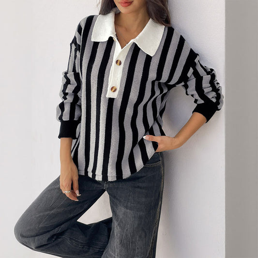 Autumn And Winter Unisex Style Vertical Stripes Lapel Knitted Pullover Sweater Women