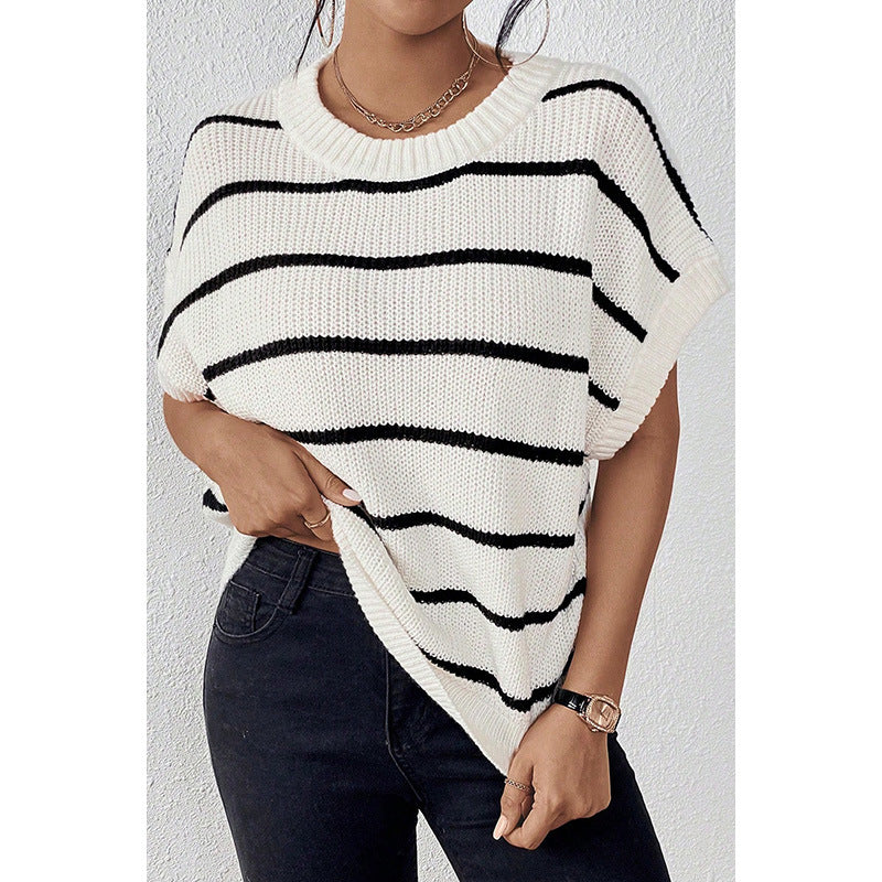 Striped Wool Round Neck Contrast Drop Shoulder Sweater With Short Sleeves