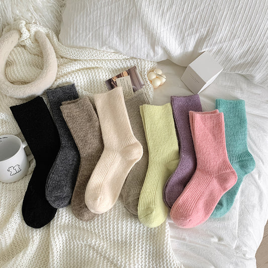 Solid-color, Fleece-lined, Extra-thick Warm Wool Socks For Women