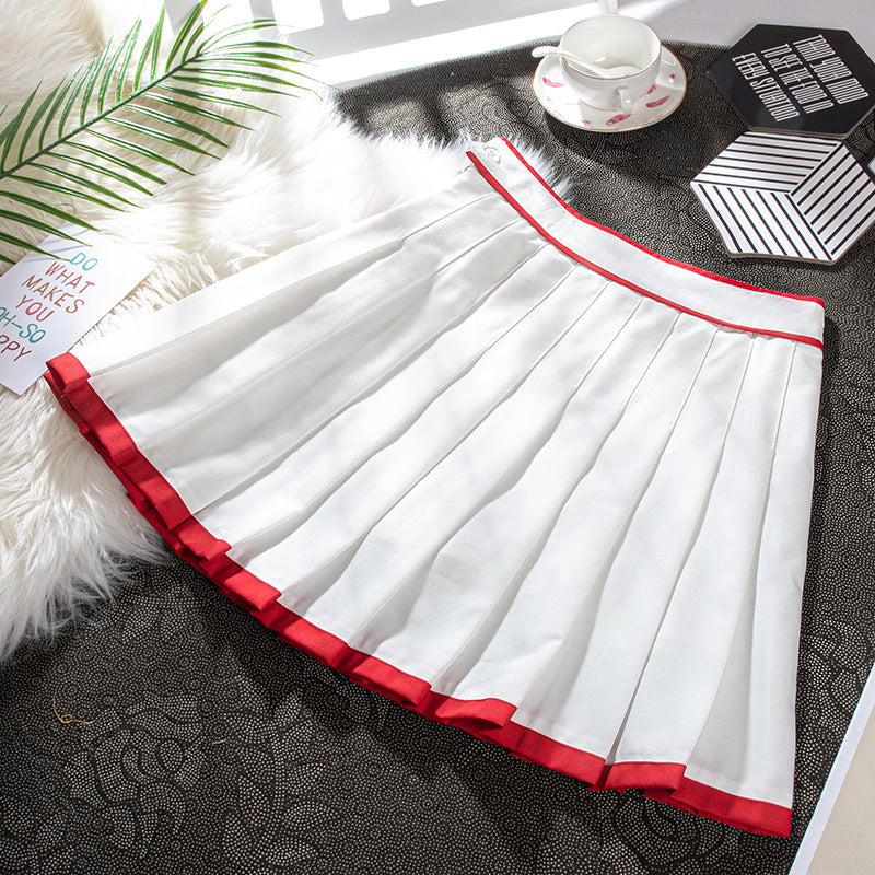 Contrast Color Pleated High-waisted Red New Year A- Line Skirt