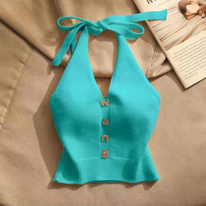Summer Design Sense Off-the-shoulder Short Hot Girl Halter Spaghetti Straps Vest