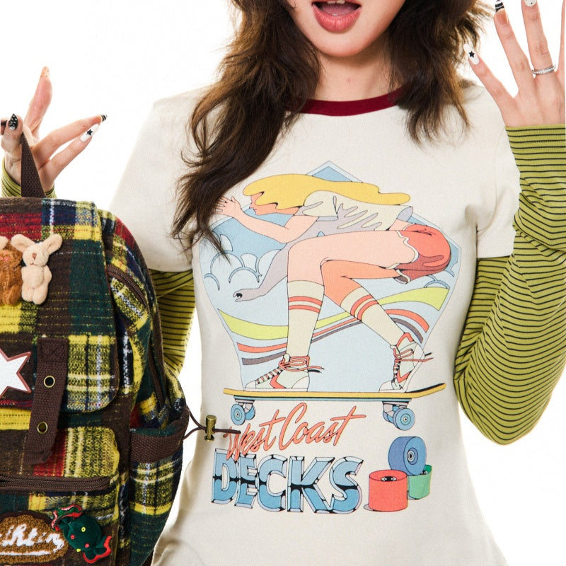 Cartoon-print Faux Two-piece Long-sleeve Top