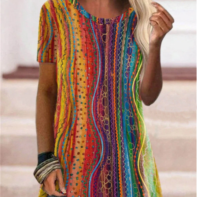 Round Neck Ethnic Vintage Women's Print Short Sleeve T-Shirt