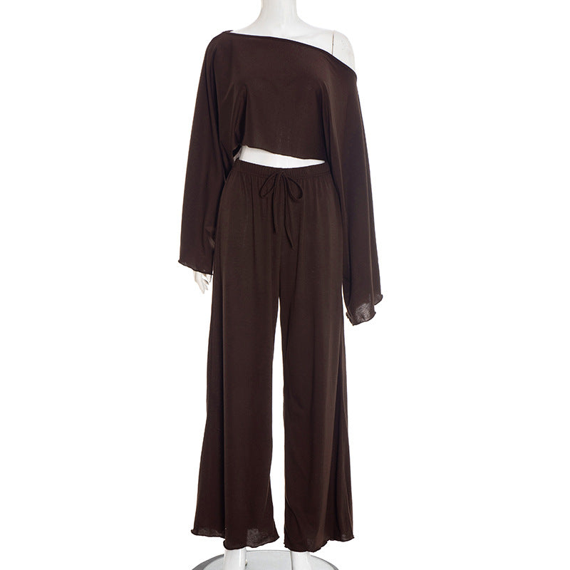 AutumnWinter Chic Off-the-Shoulder Midriff-Baring Loose Resort-Style Casual Pants Set