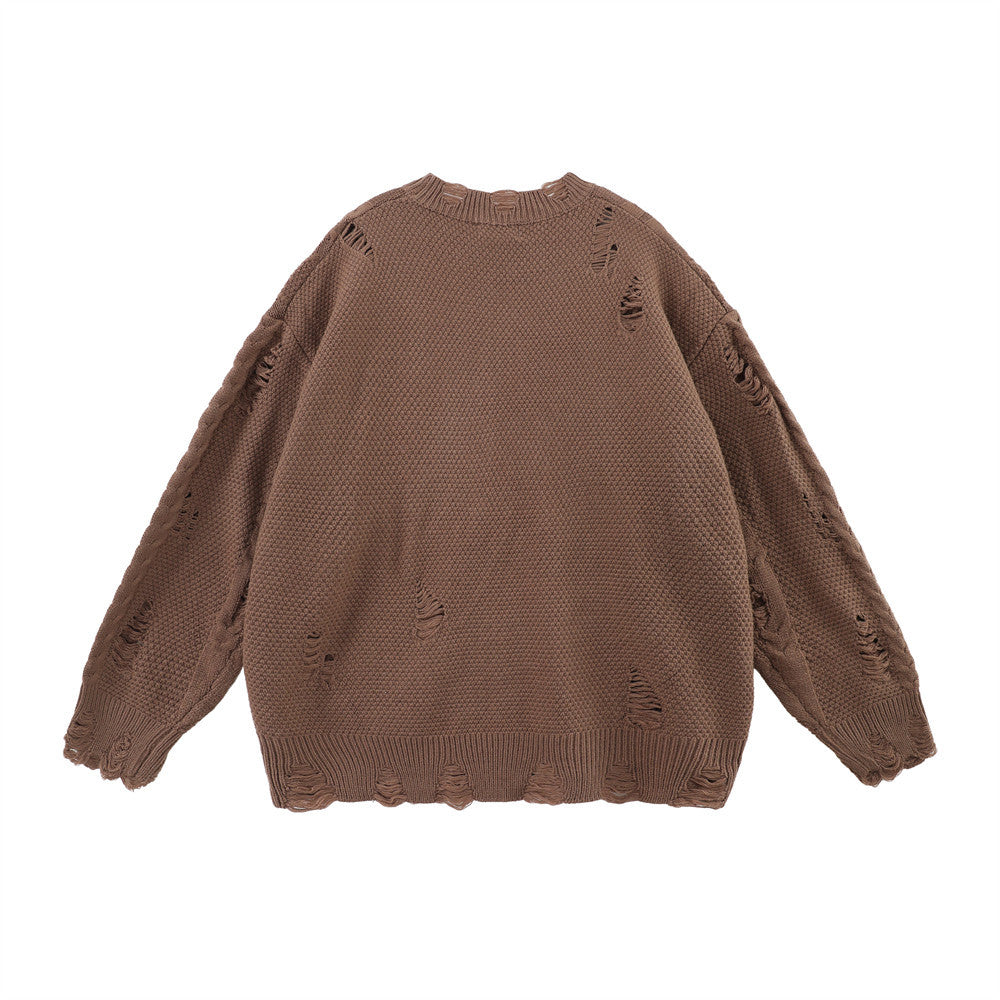 Idle Style Ripped Twist Round Neck Knitted Sweater