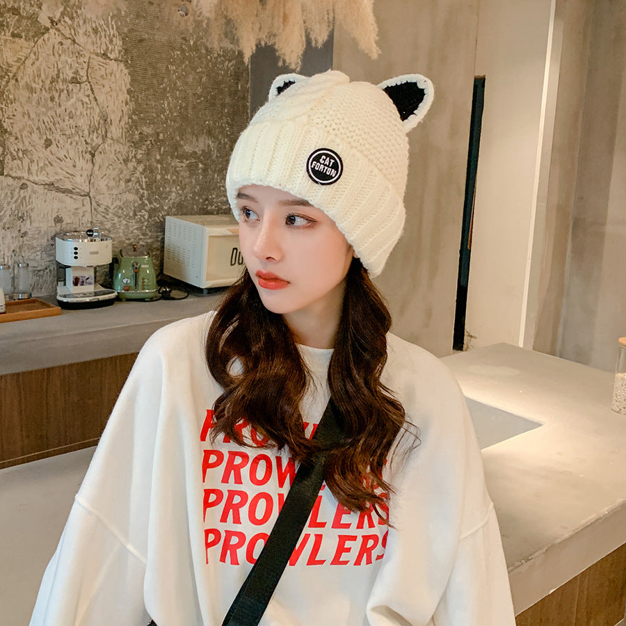 Female Cute Fleece Lined Cat Ears Woolen Cap