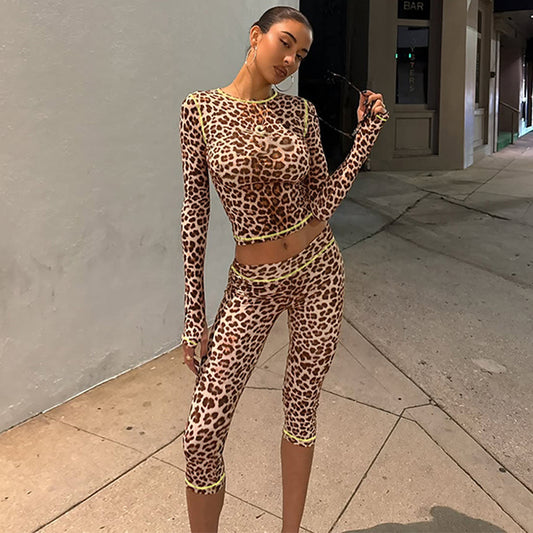 Womens Fashion Leopard-Print Long-Sleeve Top And Slim-Fit Pants Set