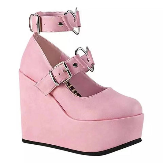 Round Toe Wedge With Solid Color Buckle Large Size Leather Shoes