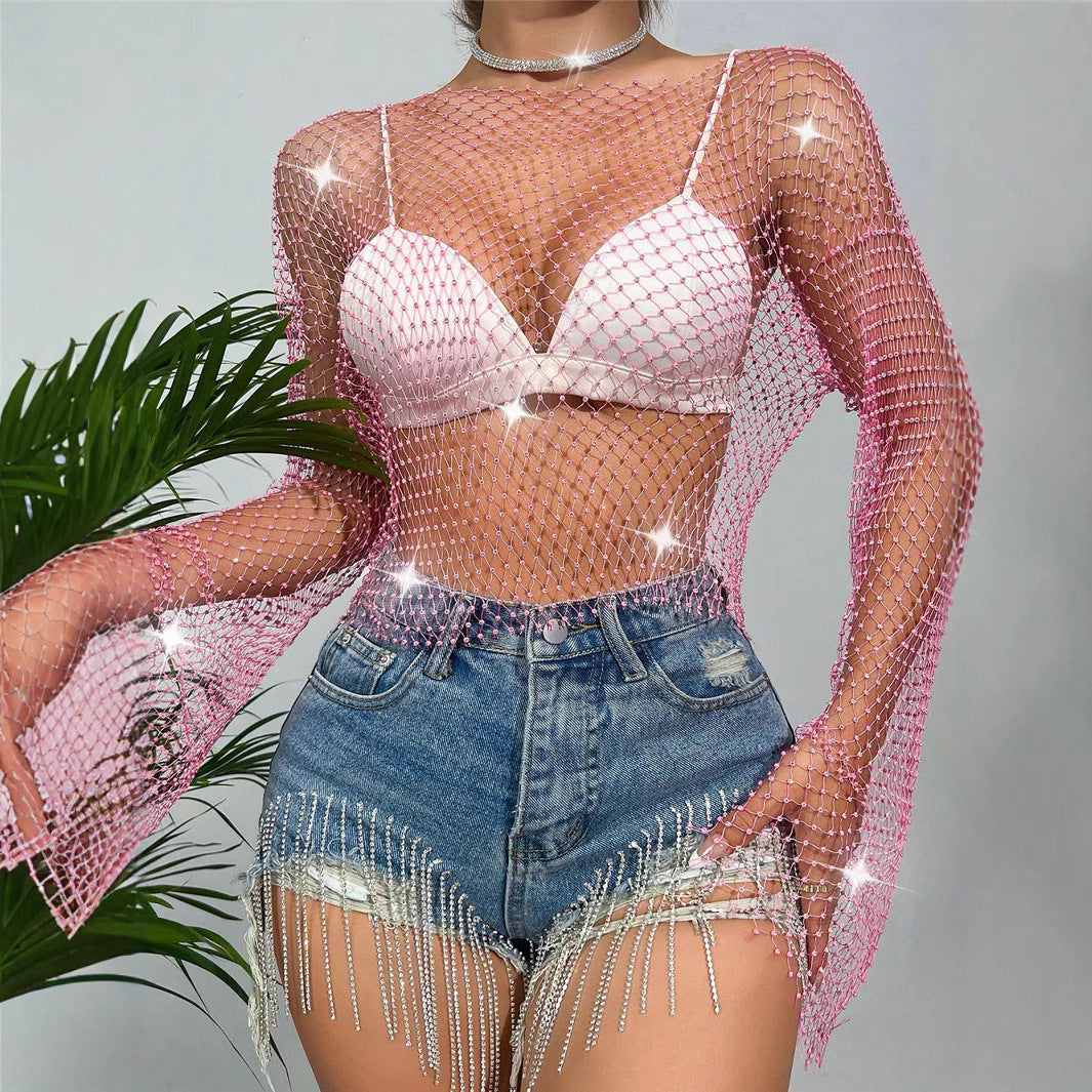 Fishnet Rhinestone Sexy Hollow-Out Summer Beach Womens T-Shirt Top