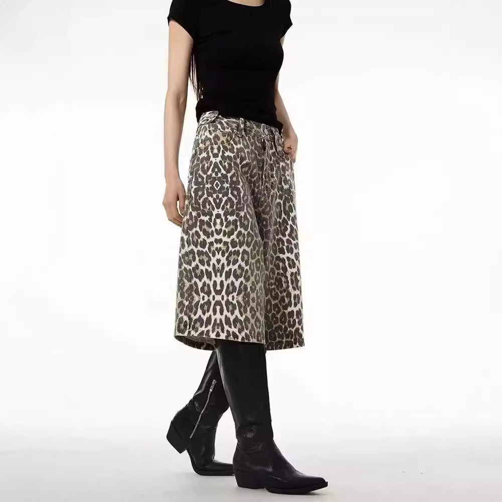 Retro High Street Leopard Print Denim Shorts