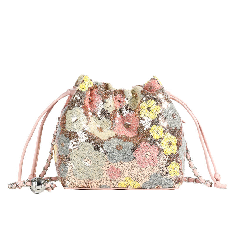 Bucket Bag With Mesh Patchwork Contrasting Colors Drawstring And Chain Strap