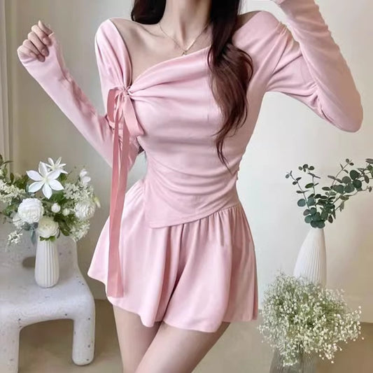 Fashionable Sexy Off-Shoulder Bow-Trimmed Asymmetrical Hem Long-Sleeve Top And Pants Set