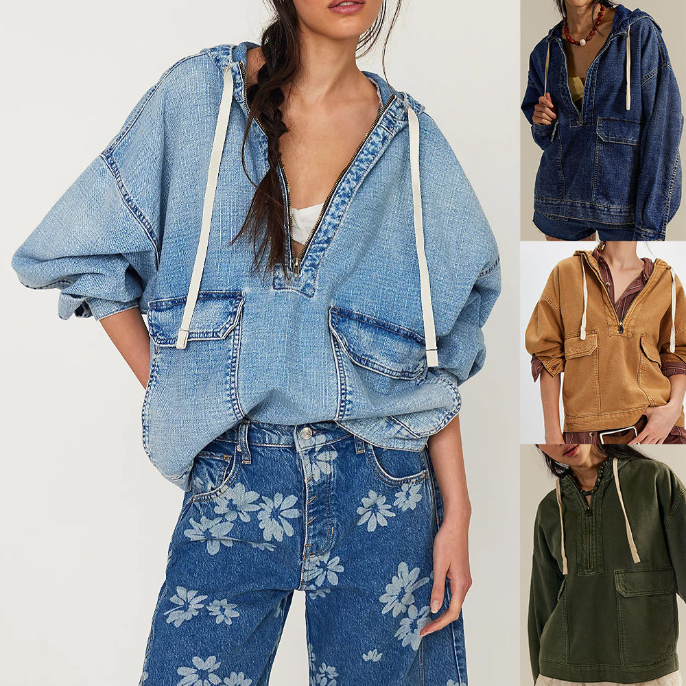 Stylish Relaxed-fit Washed Denim Long Sleeve Hoodie