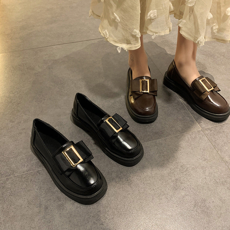Metal Square Buckle Loafers Women's Platform One-step Single Shoes British Style Small Leather Shoes