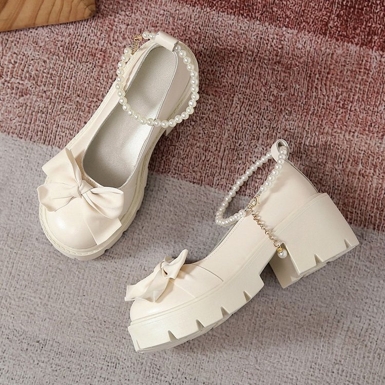 Spring And Summer New Pearl Thick Bottom Versatile Small Leather Shoes