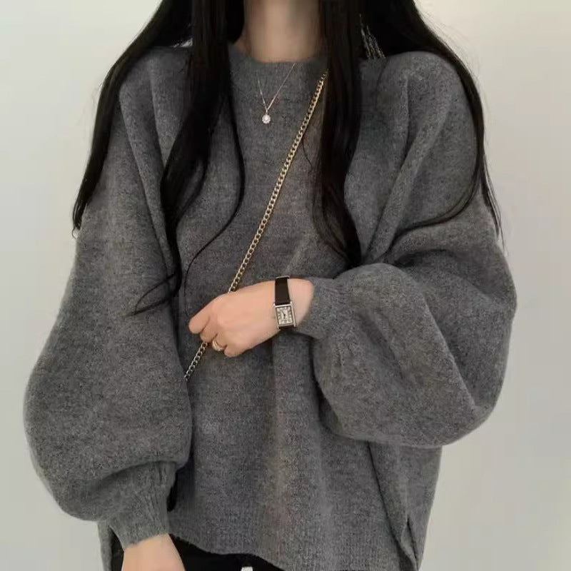 Round Neck Soft Glutinous Loose All-match Side Slit Thermal Sweater For Women
