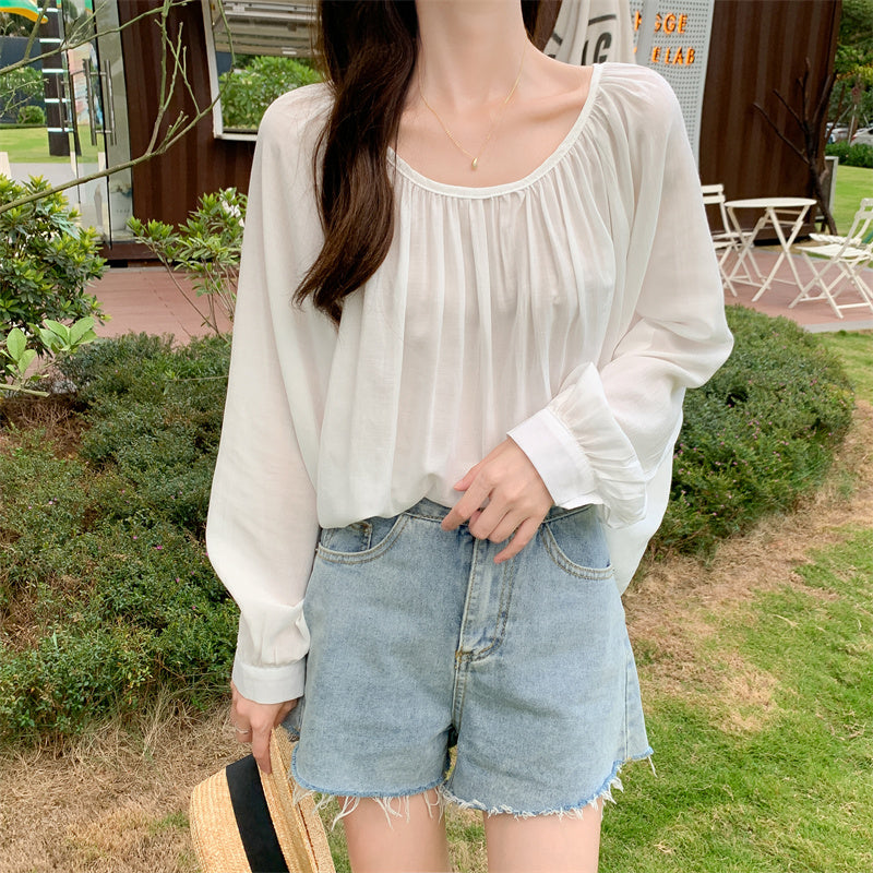 Version Loose Long Sleeve Chiffon Shirt With Lace Up Front And Back