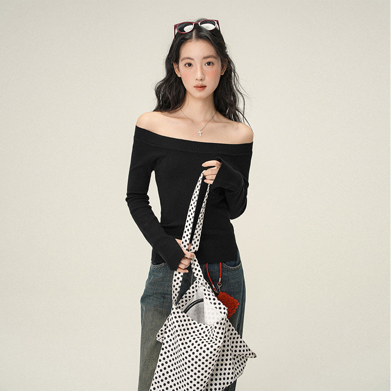 Pure Desire Oblique Angle Shoulder Soft Knit Sweater Base Shirt