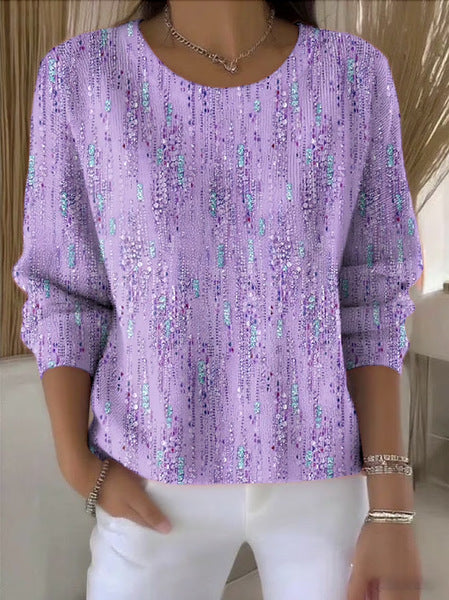 Womens Fashion 3D Digital-Print Crew-Neck Long-Sleeve Top