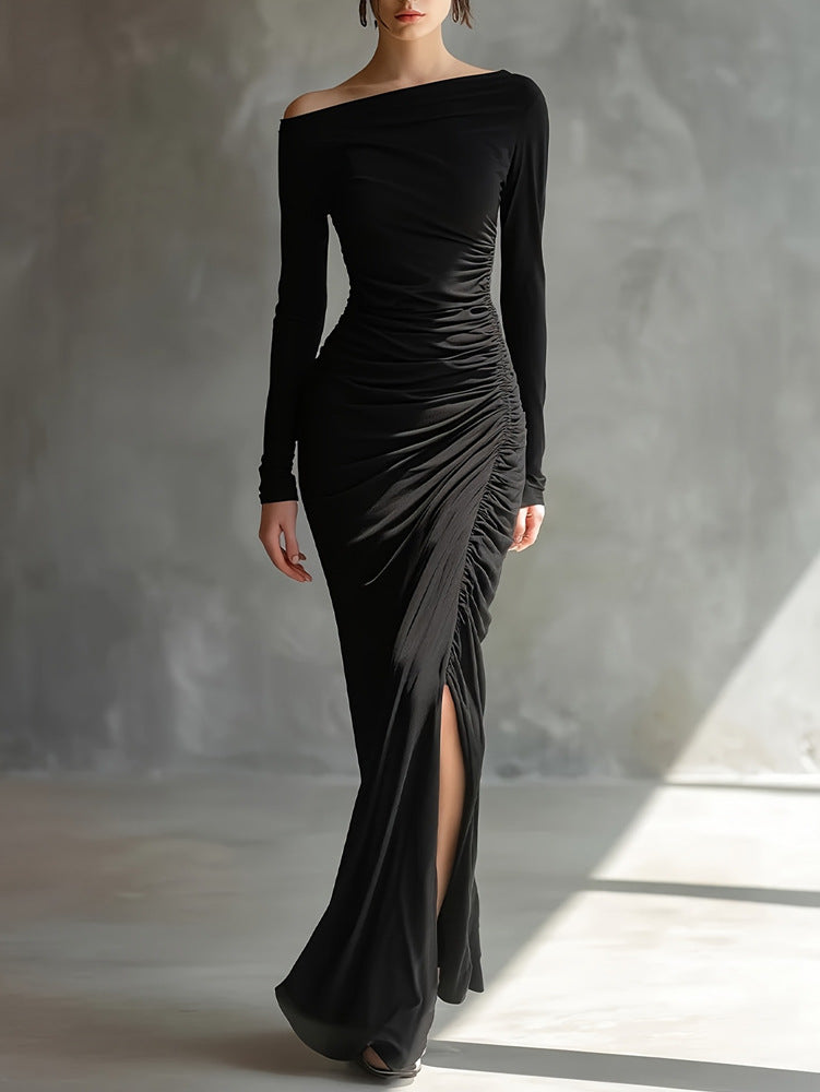 Elegant Wrap Dress With A Boat Neckline And A Fitted Waist