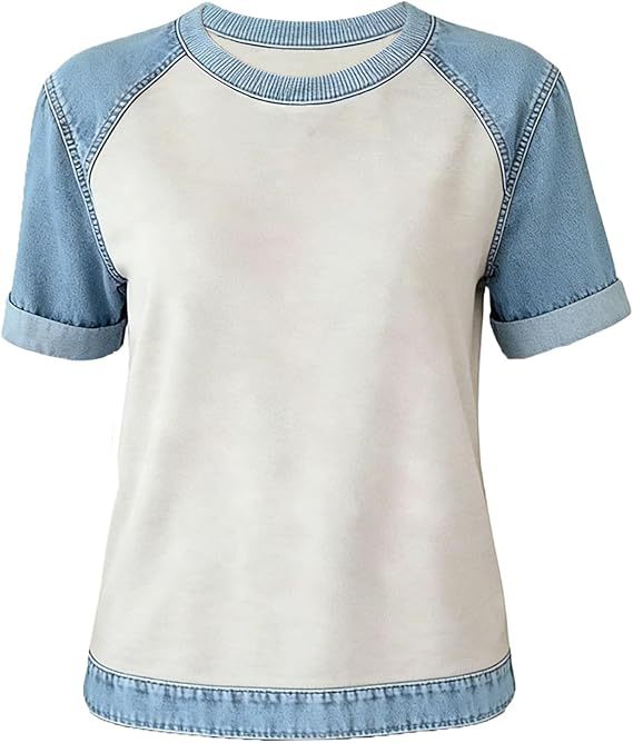 Denim Patchwork Crew Neck Short-sleeve Loose Casual Everyday Versatile