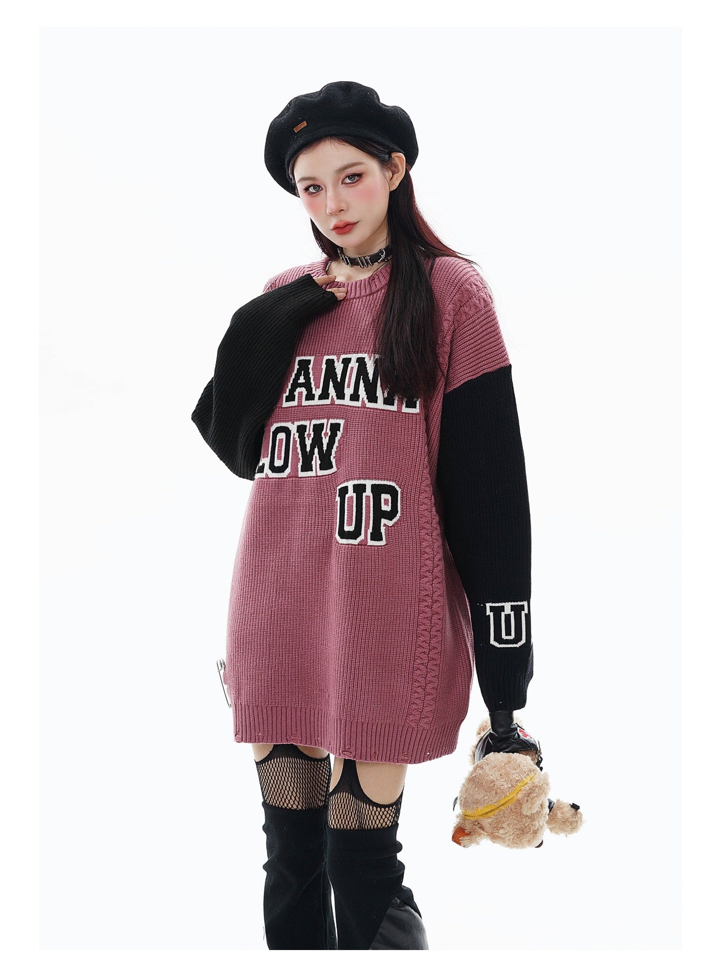 Ripped Pin Embroidered Letter Jacquard Knitted Sweater