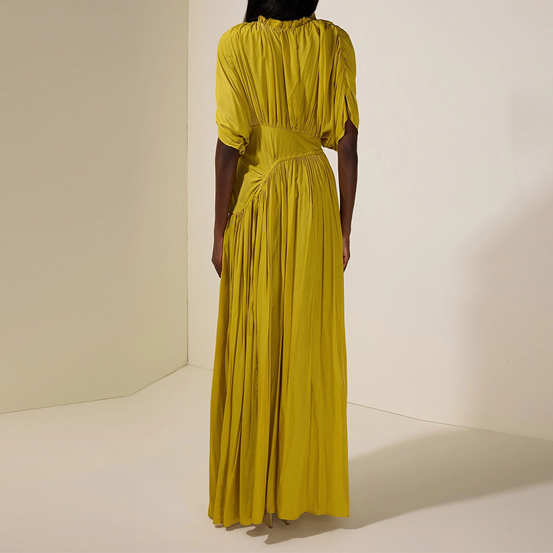Round-neck Fitted-waist Pleated Patchwork Maxi Dress