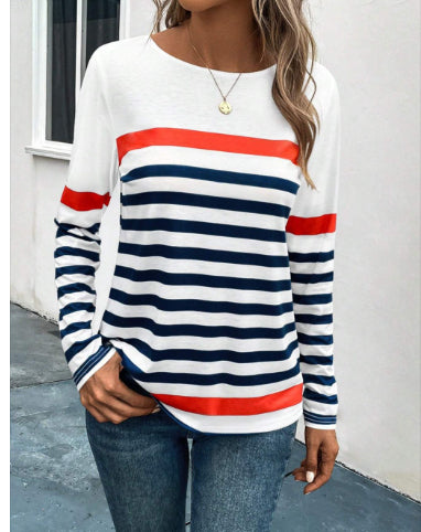 European And American Fashion Striped Printed Round Neck Long Sleeve Women