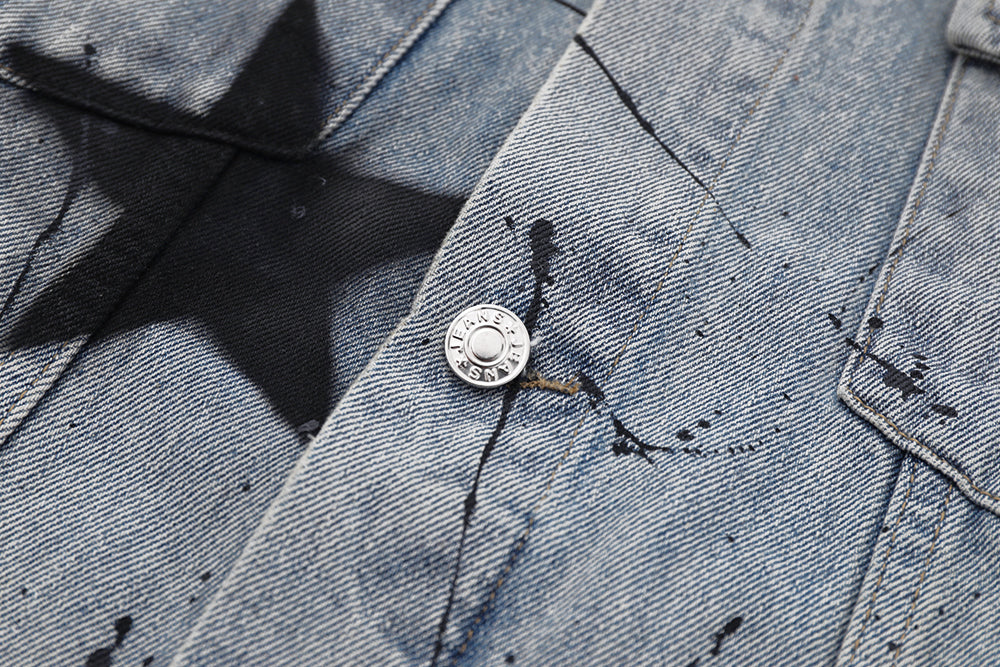Five-pointed Star Splash Ink Patterned Denim Jacket