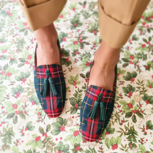 Leather Women's Square Head Checked Cloth Tassel Casual Pumps