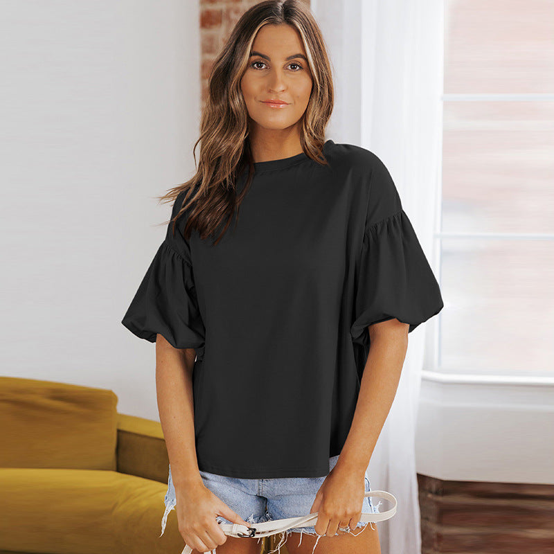 Summer New Puff Sleeve T-shirt Female European And American Casual Crew Neck Top