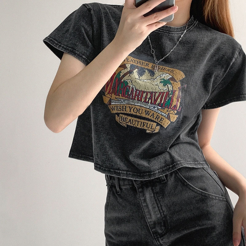 Women's Thin High Waist Cropped Navel Short Sleeve T-shirt
