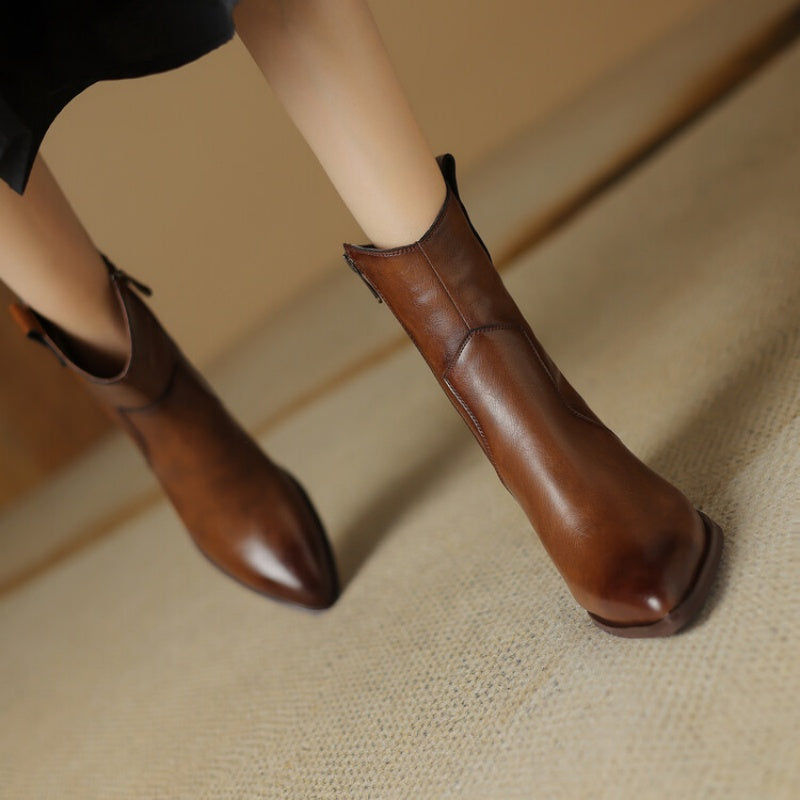 Women's Vintage Mid-Calf Western Cowboy Boots In Full Leather AutumnWinter Style