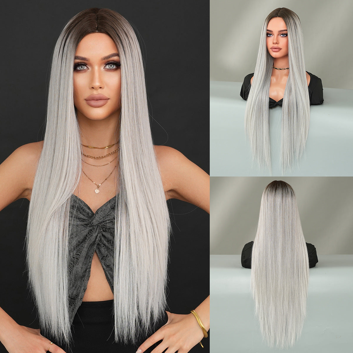 Super Long Medium Straight Hair Full-head Wig Natural Gold Gradient Chemical Fiber Wig