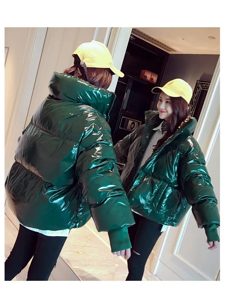 Women's Loose And Short Bright Leather Disposable Cotton Coat