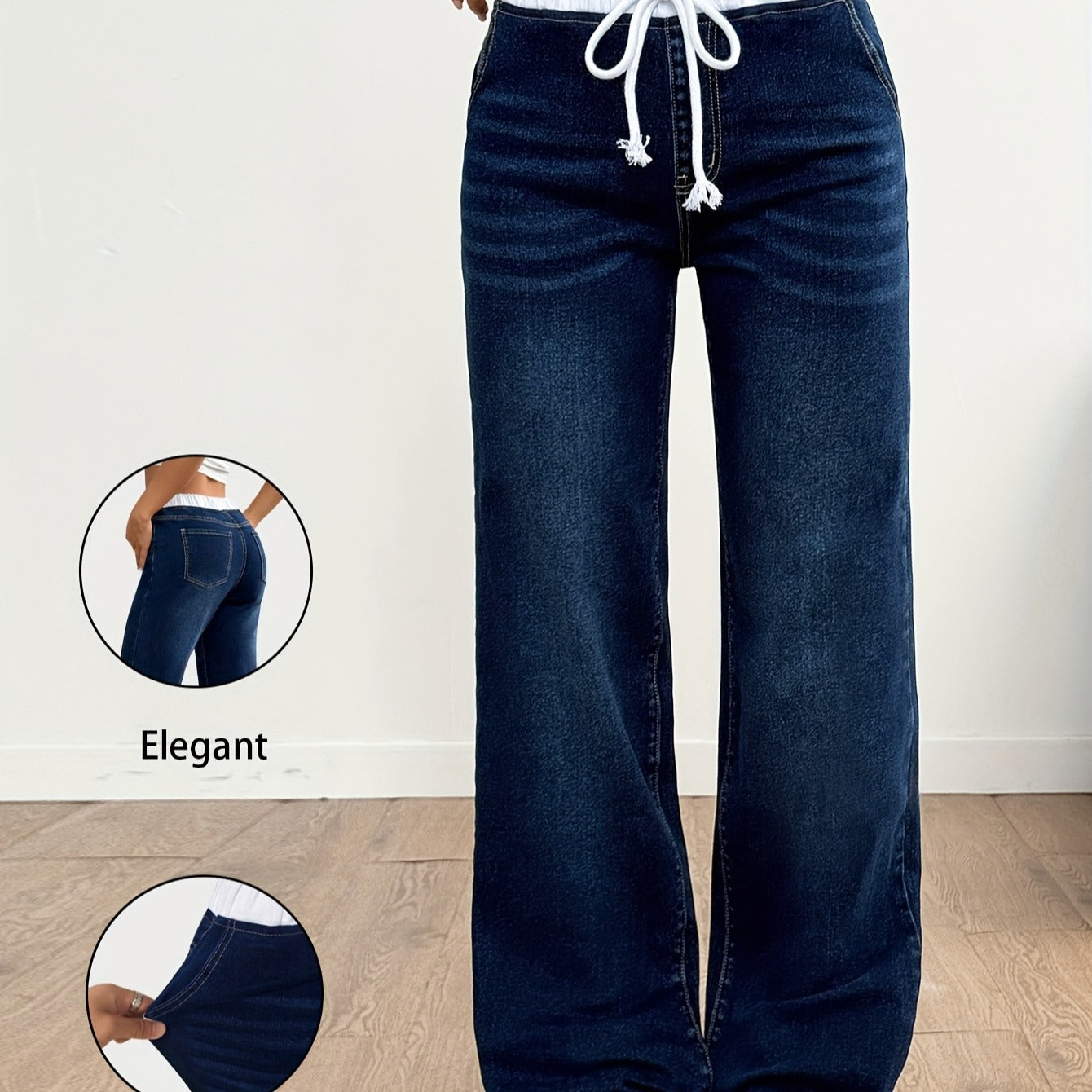 Womens Retro Straight-Leg Pants With Elastic Waist And Drawstring, Medium-Rise High Stretchability