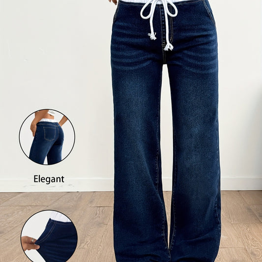 Womens Retro Straight-Leg Pants With Elastic Waist And Drawstring, Medium-Rise High Stretchability