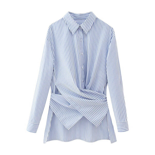 Fashion Loose Striped Lace-up Multi-color Long Sleeve Shirt