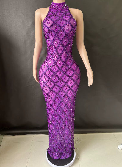 Shimmering Rhinestone High-neck Sleeveless Sexy Mesh Sheer Plaid Evening Gown