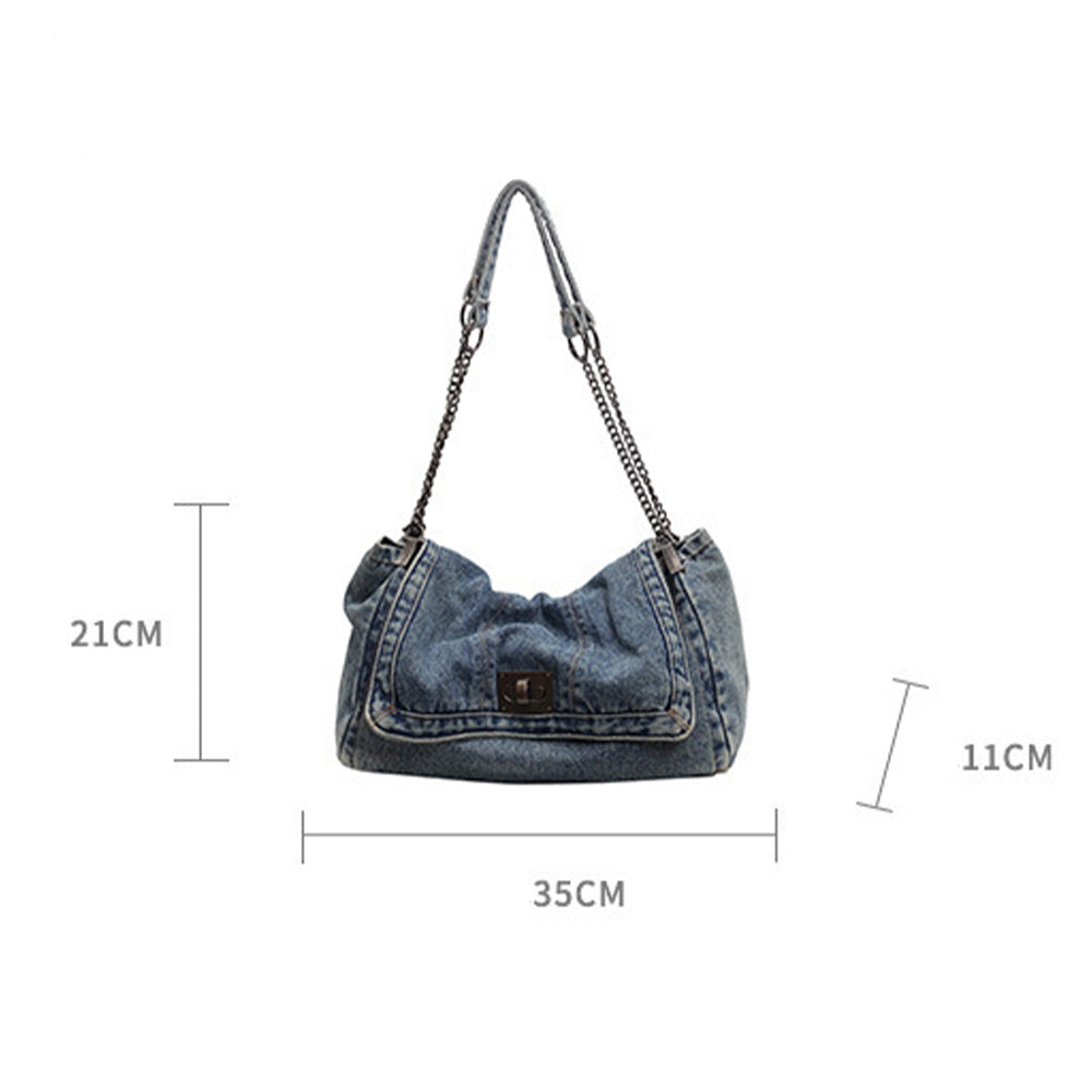 Alsidig Denim Tote Til Kvinder  Smart Crossbody Taske Med Kædestrop, Rummelig Hverdags- Og Arbejdstaske