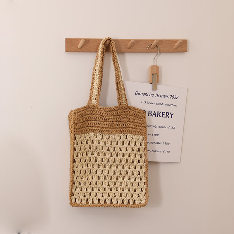 Color Matching Hollow Out Crochet One Shoulder Straw Bag