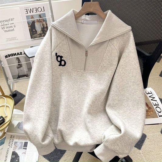 Løs Amerikansk Vintage Grå Revers-Sweatshirt Til Små Kvinder