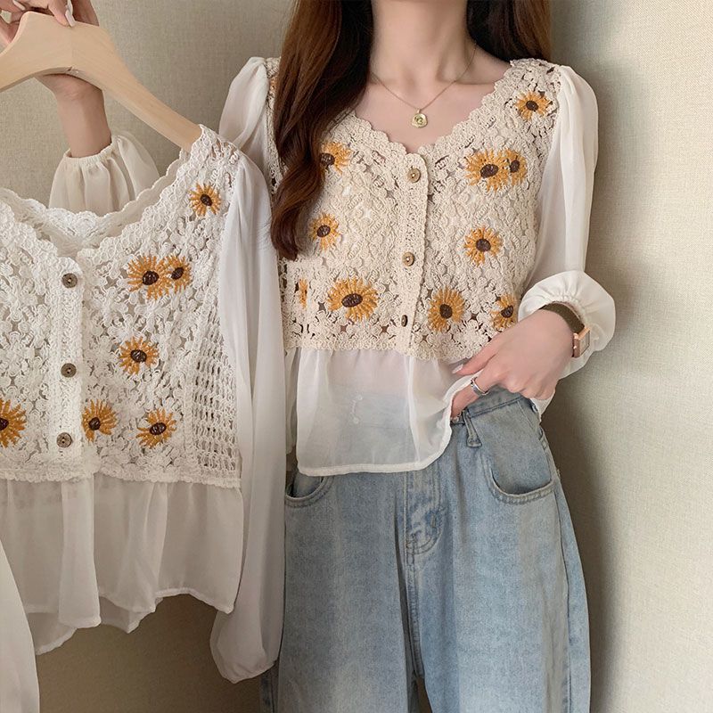 Early Autumn National Style Top Hollow Design Sunflower Embroidery Slightly Breathable Western Style Small Shirt Outer Wear