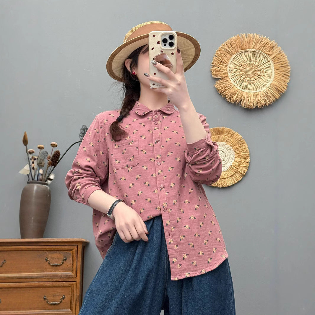 Retro Floral Cotton And Linen Blouse For Women