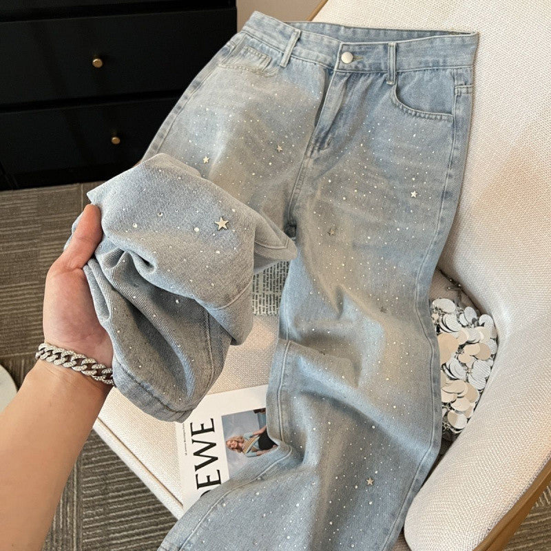 Dame højtaljede, slankende denim bukser med brede ben