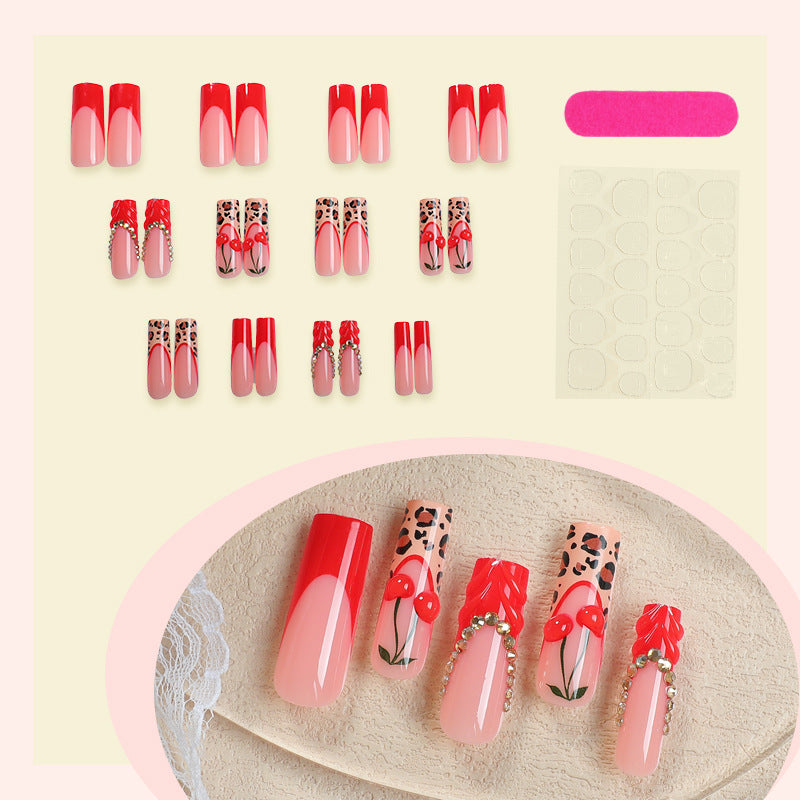 New Long-tube Wearable Nails In Red Leopard Print With A French Edge