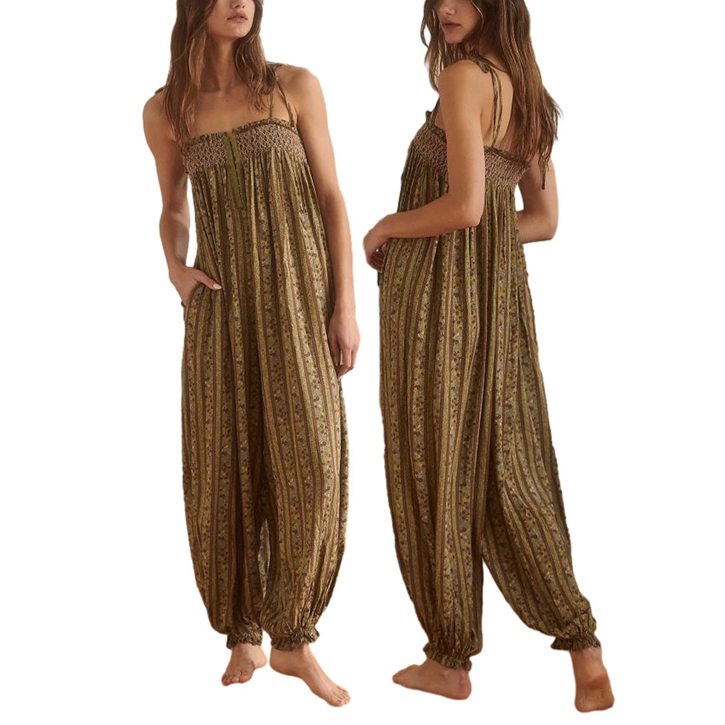 Womens Printed Loose-Fit Figure-Flattering Jumpsuit Pants